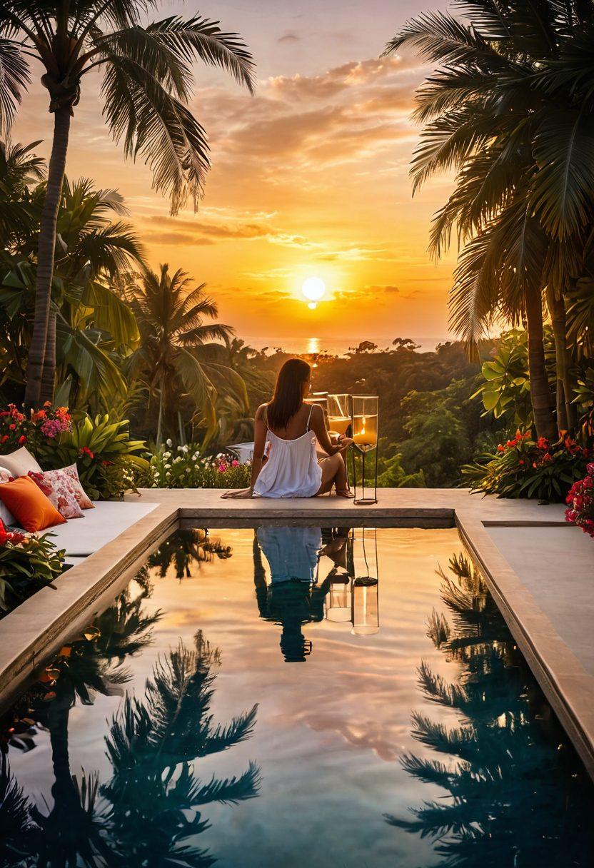 A luxurious villa retreat nestled in a lush tropical paradise, bathed in golden sunset hues. Emphasize a serene infinity pool reflecting palm trees and vibrant flowers, with a cozy terrace adorned with soft cushions and romantic candles. Capture an inviting scene of a couple enjoying a sunset toast, surrounded by lush greenery and flowers, embodying affection and adoration. dreamy atmosphere. vibrant colors. super-realistic.