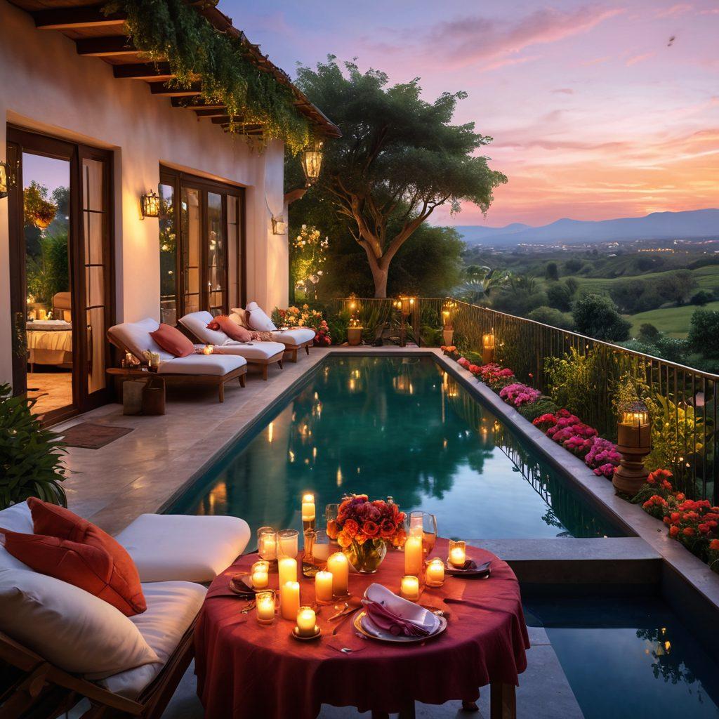 A luxurious villa set amidst lush greenery, with a cozy balcony adorned with soft blankets and candles. The scene features a stunning sunset reflecting off a serene pool, with wine glasses and a romantic dinner setup on a small table. Flowers and fairy lights enhance the romantic atmosphere, inviting readers into the essence of a perfect getaway. vibrant colors. super-realistic.