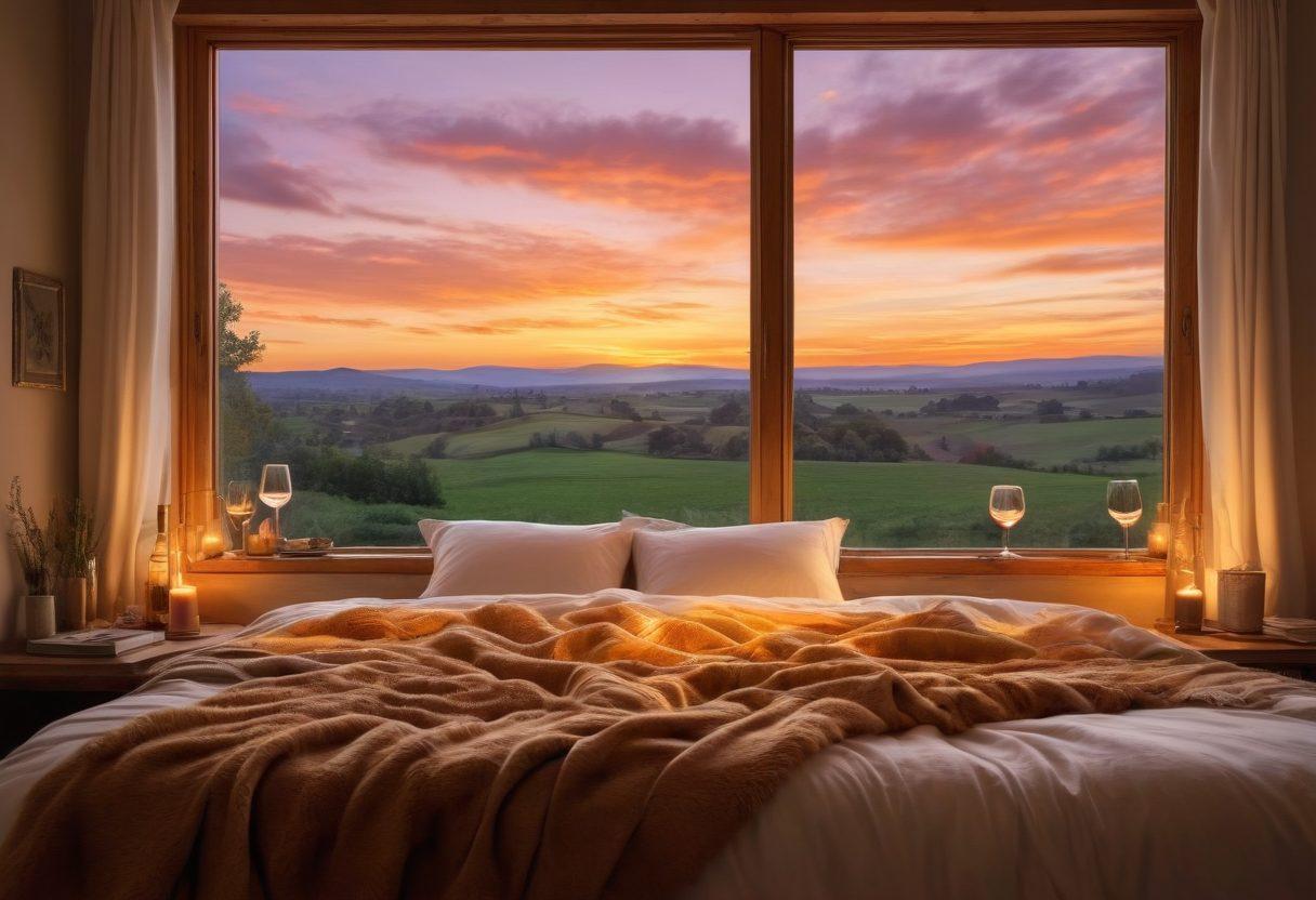 A beautifully arranged cozy bedroom featuring a plush oversized bed with fluffy pillows and soft blankets, dimly lit by warm fairy lights. Through a window, a stunning sunset casts golden hues over a scenic landscape, while a bottle of wine and two glasses sit on a rustic wooden table. A pile of books and a warm throw blanket add to the comforting ambience, inviting romance and relaxation. super-realistic. warm colors. cozy atmosphere.